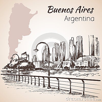 Buenos Aires cityscape seafront. Argentina. Sketch. Vector Illustration