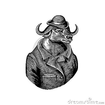 Buffalo Bull character in coat. Fashionable animal, vitorian gentleman. Hand drawn Engraved old monochrome sketch Vector Illustration