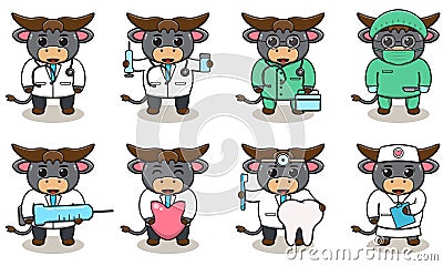 Vector illustration of Cute Character Cartoon of Buffalo Doctor. Vector Illustration