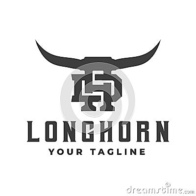 Buffalo Head Horn, Bull, cow, vintage Texas restaurant longhorn logo. letter D.H. Vintage farm company logo Vector Illustration