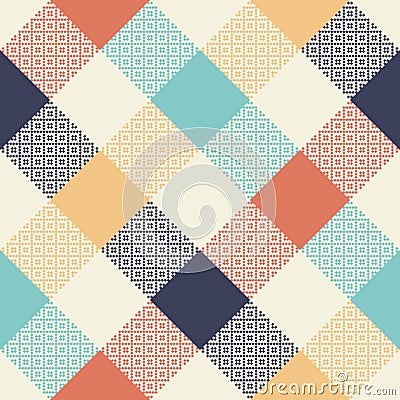 Buffalo plaid pattern multicolored spring summer design. Decorative seamless vichy pixel art in blue, orange, yellow, turquoise. Vector Illustration