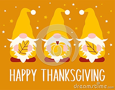 Happy Thanksgiving vector illustration with three gnomes, leaves and pumpkin. Fall gnomes cut file Cartoon Illustration