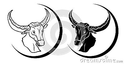 Buffalo`s head with ethnic ornament, feathers, flowers and leaves. Handed drawn vector illustration for tattoo Vector Illustration