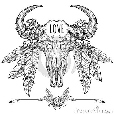 Buffalo skull with flowers and feathers Vector Illustration