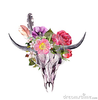 Buffalo skull, flowers. Watercolor in boho style Stock Photo