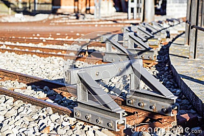Buffer stop . ending rail tracks concept for limit, limitation restriction boundary, prohibited, end , border Stock Photo