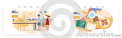 Buffet breakfast landing page design, website banner vector template set. Hotel, resort restaurant catering business. Vector Illustration