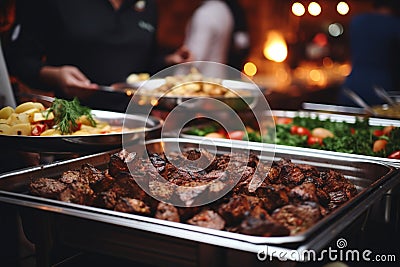 Buffet food indoor in restaurant with grilled meat. Generative AI Stock Photo