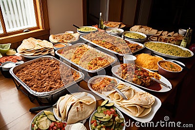 buffet full of burritos, tacos, and nachos for guests to choose from Stock Photo