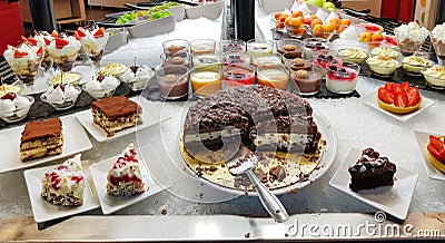 Buffet many cake, sweet on the food line, Different dessert cakes for sale at the shop Stock Photo