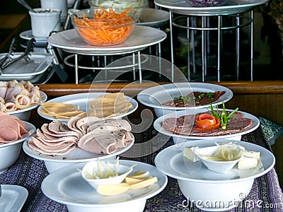 Buffet meal at a hotel,appetizer. Hotel breakfast board all you can eat buffet Stock Photo