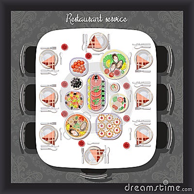 Buffet meals served to receive guests in the restaurant. Vector Illustration