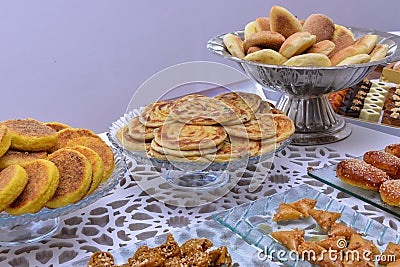 Buffet Moroccan pastries sweets. And Harsha and Msemen Stock Photo