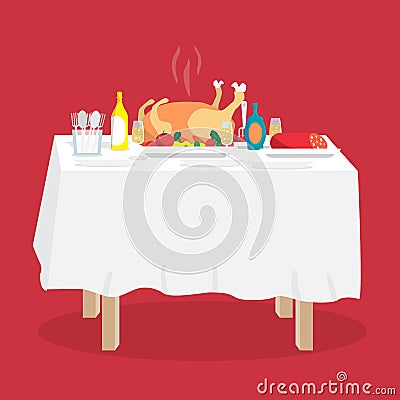 Buffet table with turkey, other food and drinks Vector Illustration