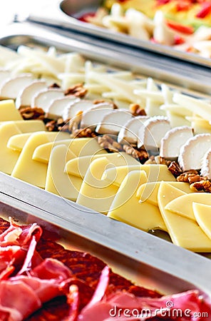 Buffet trays with a various delicious appetizers Stock Photo