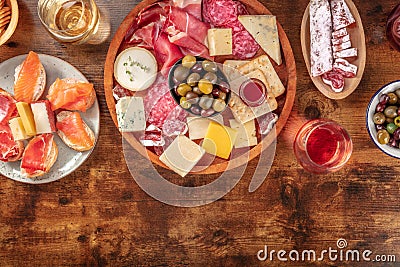 Buffet with wine and appetizers. Italian delicatessen. A platter of snacks Stock Photo