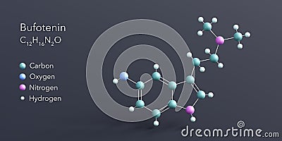 bufotenin molecule 3d rendering, flat molecular structure with chemical formula and atoms color coding Stock Photo