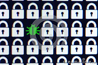 Bug as a symbol of malware and a Trojan virus in the program code. Hacking and theft of personal information and data Stock Photo