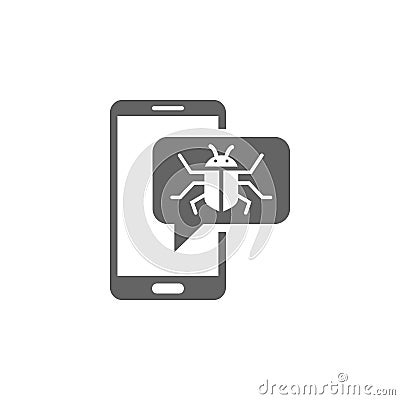 Bug attack, corrupting system, mobile bug, smartphone virus, virus alert message icon Stock Photo