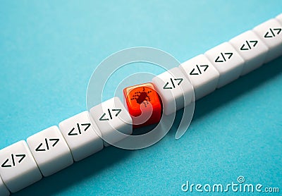 A bug in the code. Error detection. Troubleshooting. Debugging, testing and code review. Determine the cause of equipment failure Stock Photo
