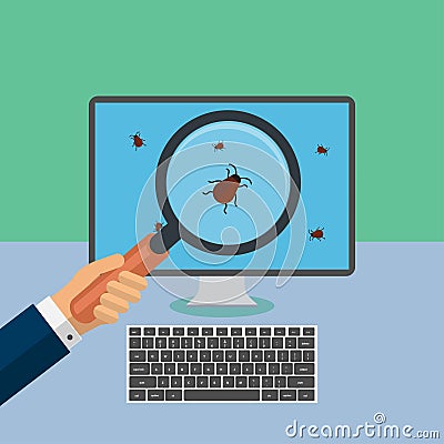 Hand holding a magnifying glass with bugs on a computer screen Vector Illustration