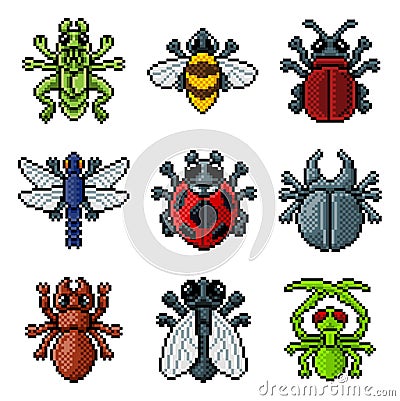 Bug Insect Pixel Art Video Game Beetle 8 Bit Icons Vector Illustration