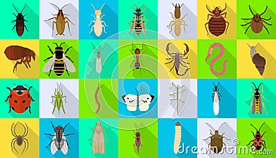 Bug of insect vector flat set icon.Vector illustration insect beetle. Isolated flat icon bug and fly beetle. Vector Illustration