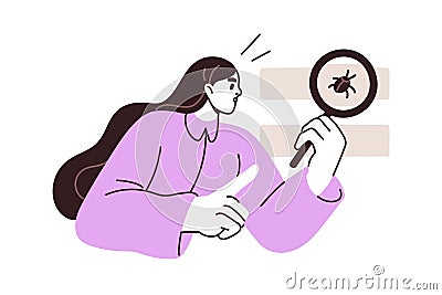 Bug searching, technology concept. QA tester looking for software errors, debugging code, checking malware. Scanning Vector Illustration