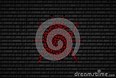 Bug silhouette composed from red 0 and 1 digits over binary code Vector Illustration