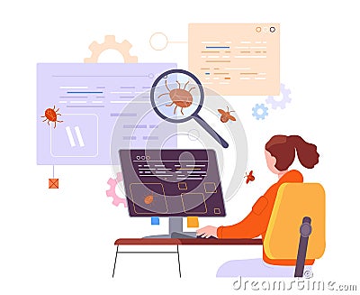 Bug tester. Woman programmer testing software system for error or virus, developer looking magnifier search it Vector Illustration