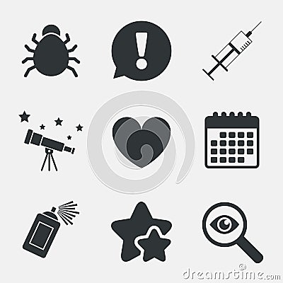 Bug and vaccine signs. Heart, spray can icons. Vector Illustration