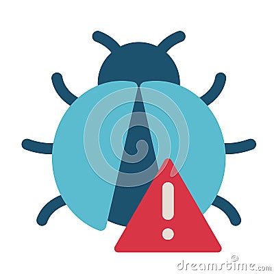 Bug vector illustration. Bug with warning symbol, triangle with exclamation point. Cyber virus, malware. Cyber security concept Vector Illustration
