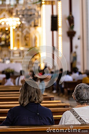 People at the Interior of the Minor Basilica of the Lord of Miracles located in the city of Guadalajara de Buga Editorial Stock Photo