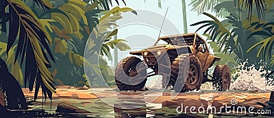 A buggy rides at through the jungle. Extreme. Splashes, dirt, branches, stones. Off-road racing. Auto-sport. Generative Stock Photo