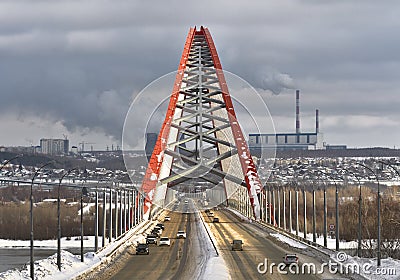 Bugrinskij bridge and the smokestacks on the Bank Editorial Stock Photo