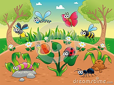 Bugs + 1 snail with background. Vector Illustration