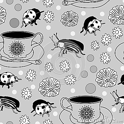 Bugs-Garden Tea Party seamless repeat pattern Vector Illustration