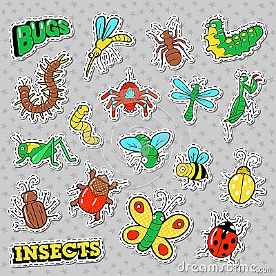 Bugs and Insects Patches, Stickers, Badges Set for Prints and Textile Vector Illustration