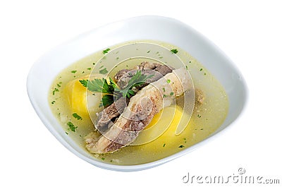 Buhler - Soup with meat and potatoes isolated on white Stock Photo
