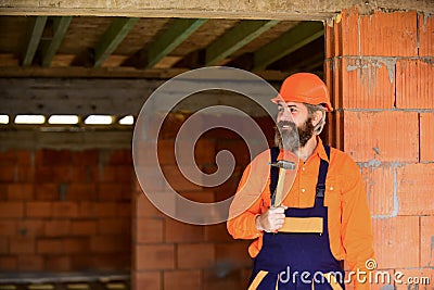 Build and construction. Skilled architect repair and fix. engineer career. mature bearded man use hammer. man builder in Stock Photo