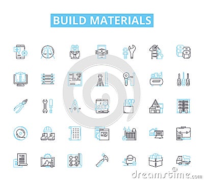 Build materials linear icons set. Timber, Concrete, Steel, Brick, Plaster, Glass, Asphalt line vector and concept signs Vector Illustration