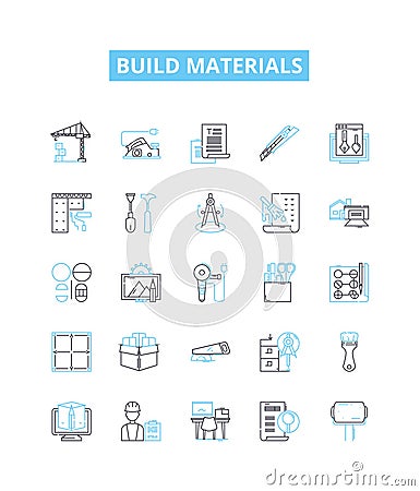 Build materials vector line icons set. Bricks, Cement, Sand, Gravel, Wood, Steel, Metal illustration outline concept Vector Illustration