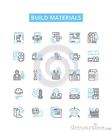 Build materials vector line icons set. Bricks, Cement, Sand, Gravel, Wood, Steel, Metal illustration outline concept Vector Illustration