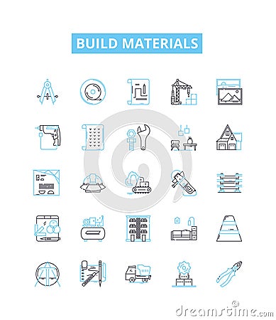 Build materials vector line icons set. Bricks, Cement, Sand, Gravel, Wood, Steel, Metal illustration outline concept Vector Illustration