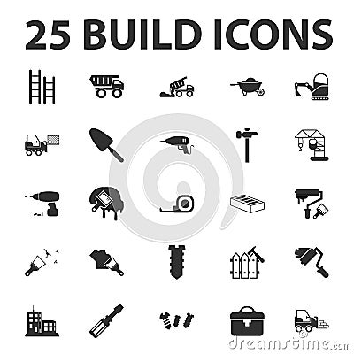 Build, repair 25 black simple icons set for Vector Illustration