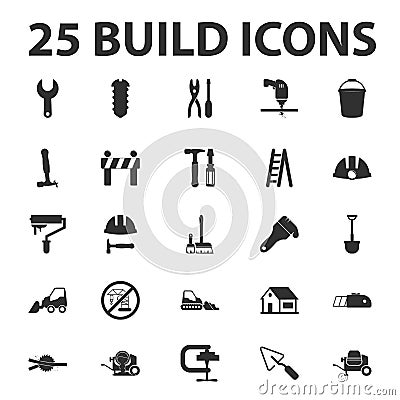 Build, repair 25 black simple icons set Vector Illustration