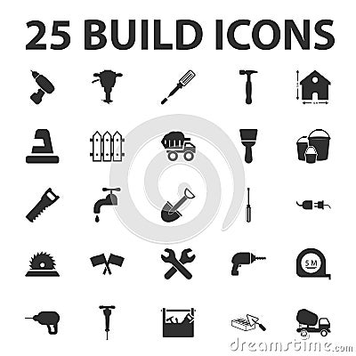 Build, repair 25 black simple icons set Vector Illustration