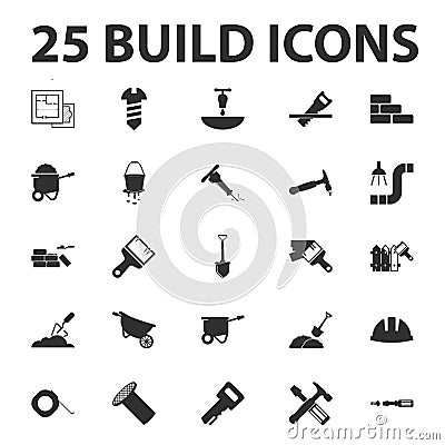 Build, repair 25 black simple icons set Vector Illustration