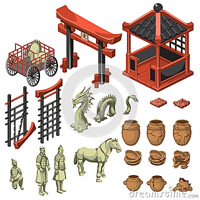 Build, snake, samurai and decor in Asian style Vector Illustration