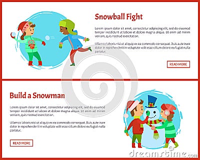 Build Snowman and Snowball Fights Postcards Vector Vector Illustration